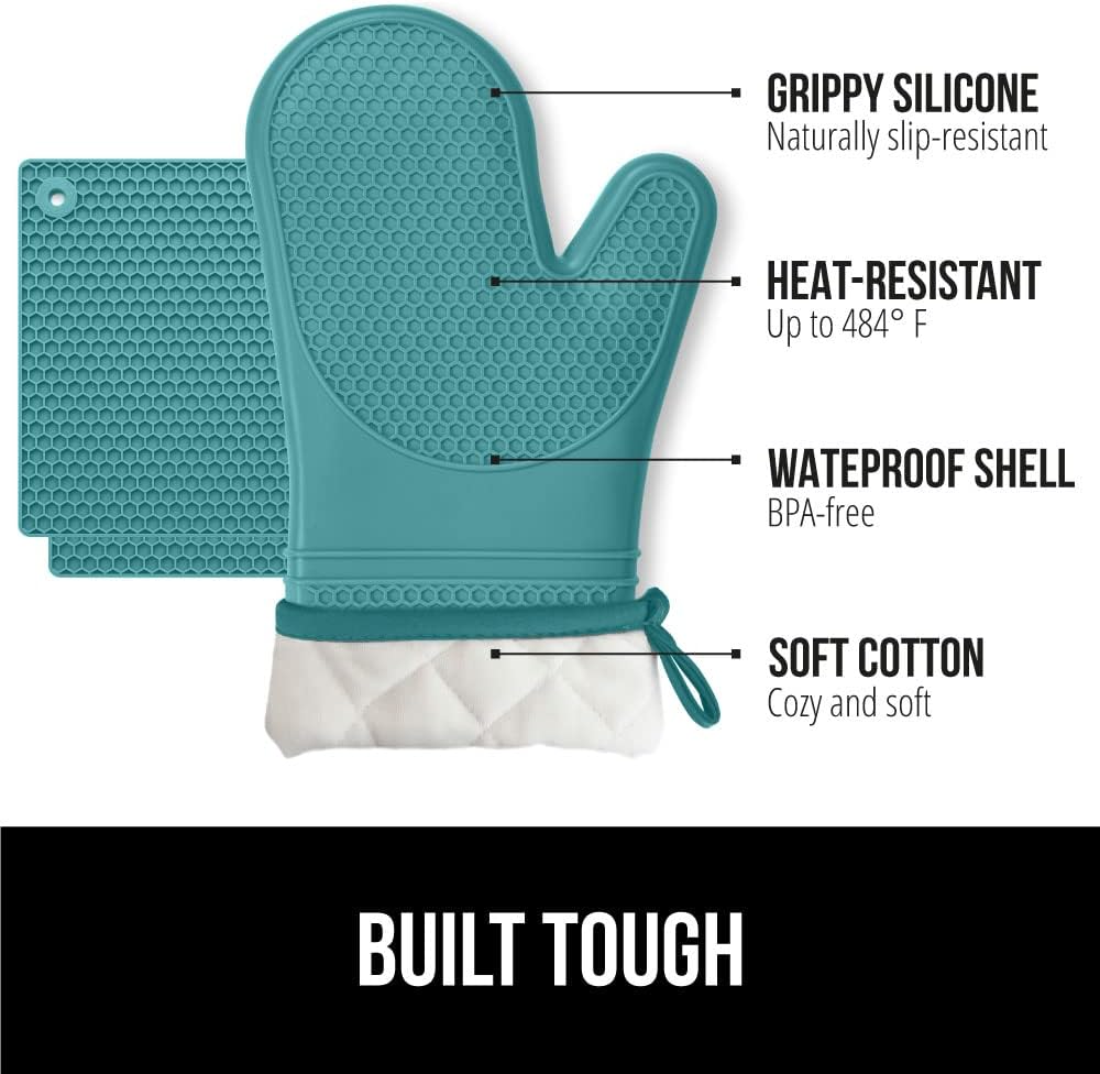 Gorilla Grip 4 Piece Silicone Oven Mitt and Trivets Set, Waterproof, Cotton Lined, BPA-Free, Turquoise