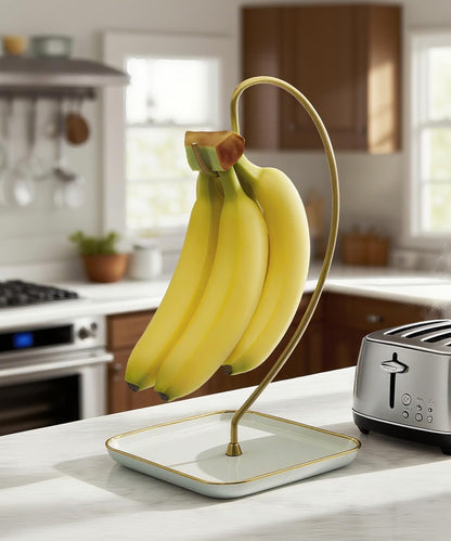 VROOMIUM Banana Holder Stand with Ceramic Base - Holds Up to 5 Pounds Bananas, Hassle-free Cleaning, Stylish and Chic Design Banana Rack - Gold