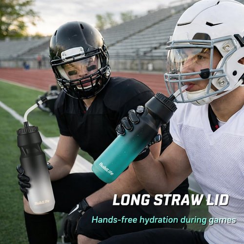 Hockey Water Bottle with Long Straw -32 OZ Squeeze Sports Lacrosse Water Bottles 2 Pack with 2 Lids Each(Straw and Squeeze),for Helmet Hockey,Boxing,BPA Free,Dishwash Safe(Black Blue+Black White)
