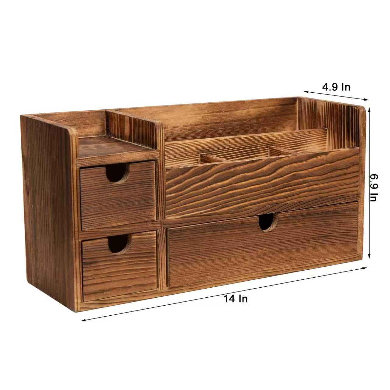 ExoLiry Deep Roast Wooden Desktop Organizer 3 Drawers Office Supplies Storage Caddy Box Stationery Pencil Mail Holder Note Pads Makeup Tools Cosmetics Dark Brown