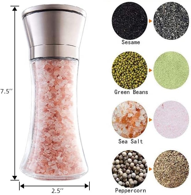 Elegant GRINDER 7 inch Tall, Eco-Friendly Stainless Steel and Glass Grinder with Adjustable Ceramic Grinder