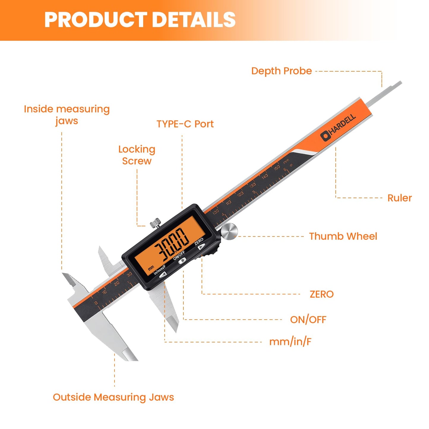 HARDELL Digital Caliper, Rechargeable Caliper Measuring Tool with Large Orange Screen, Stainless Steel Digital Micrometer with Auto-Off Feature -Inch/MM/Fraction for DIY/Household/3D-Printing
