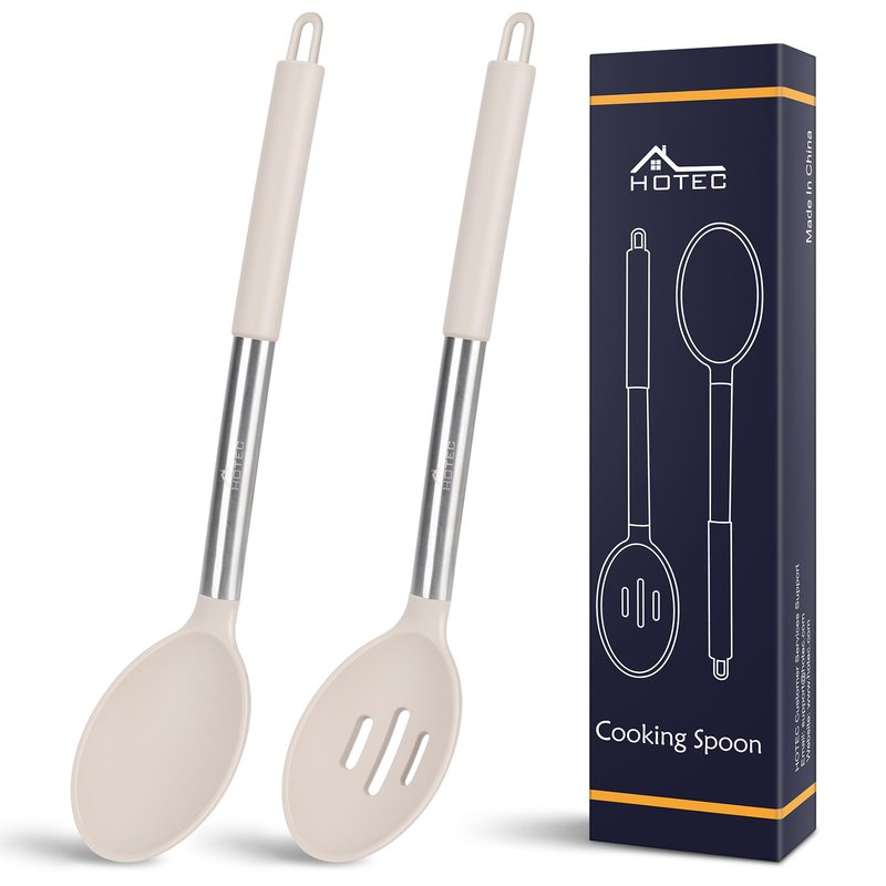 HOTEC Heat Resistant Large Silicone Cooking Spoon, Solid Slotted Spoons, Nonstick Kitchen Cookware Utensils, Mixing, Serving, Stiring Large Spoons, Khaki