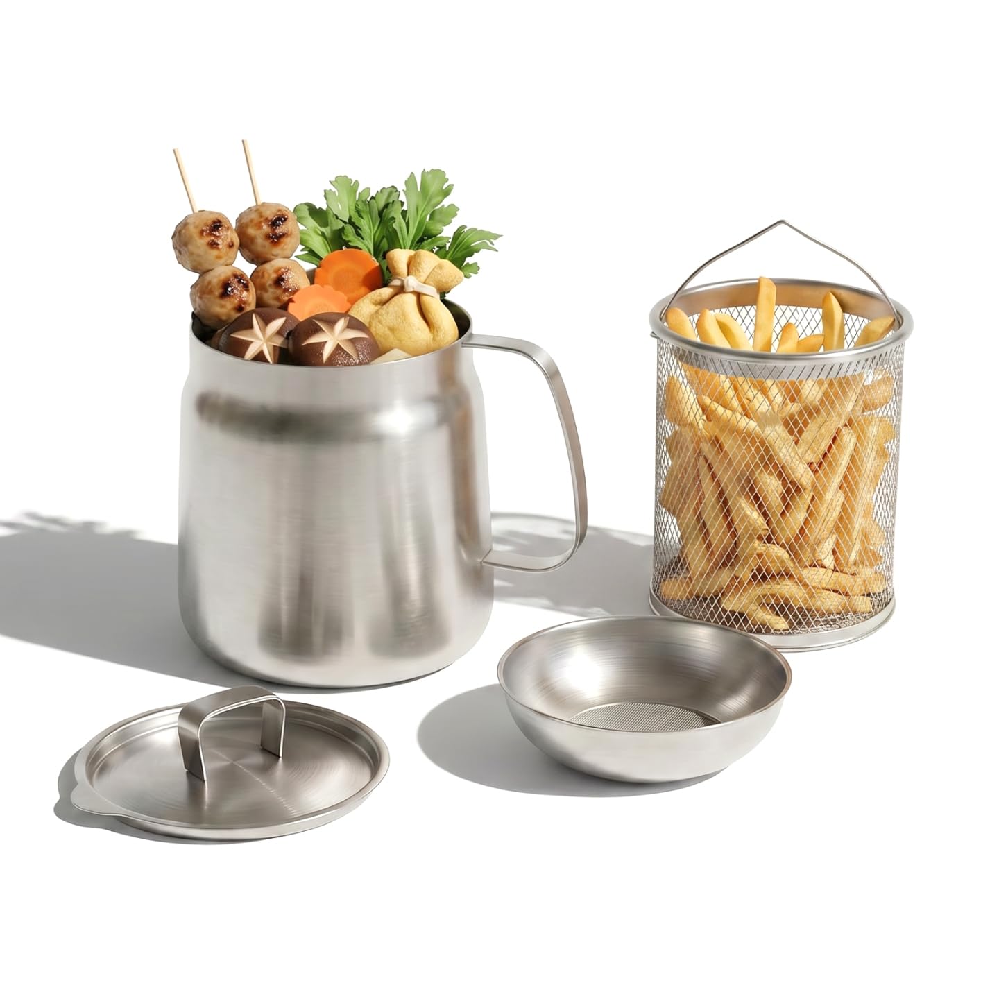 PUCOHOUSE 2L/68oz 304 Stainless Steel Deep Fryer Pot with Basket, Strainer & Lid, Large Capacity Oil Filter Container & Bacon Grease Saver, Dishwasher Safe for Kitchen, Frying, Camping