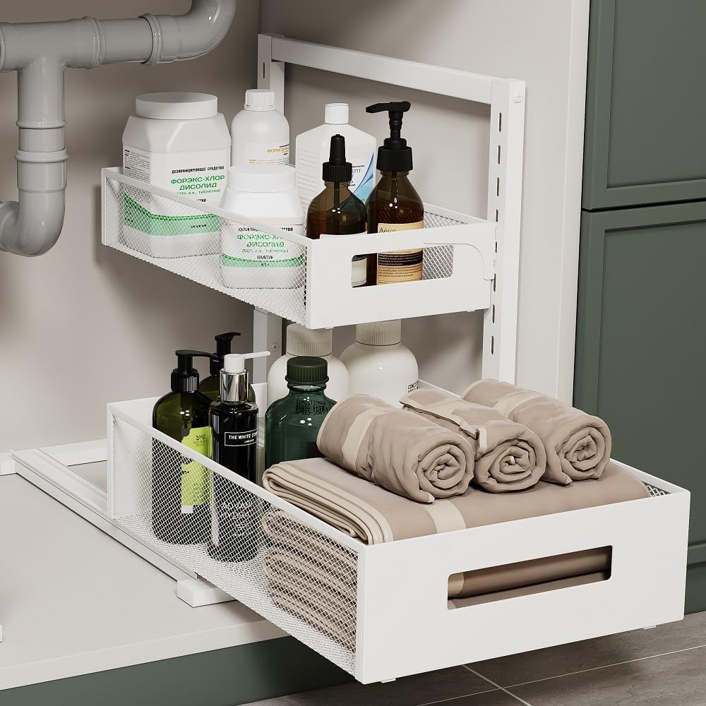 Petiza Under Sink Organizer Adjustable Height 2 Tier Bathroom Organizer Pull Out Cabinet Organer kitchen organizers and storage fridge organizers and storage,White,XL-1 Pack