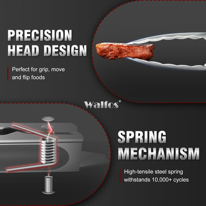 Walfos Stainless Steel Kitchen Tongs for Cooking- 7 ，9 and 12 Inch, Food Grade Metal Tongs for Cooking, BBQ, Set of 3 Heavy Duty Locking Cooking Tongs Non-Slip Grip