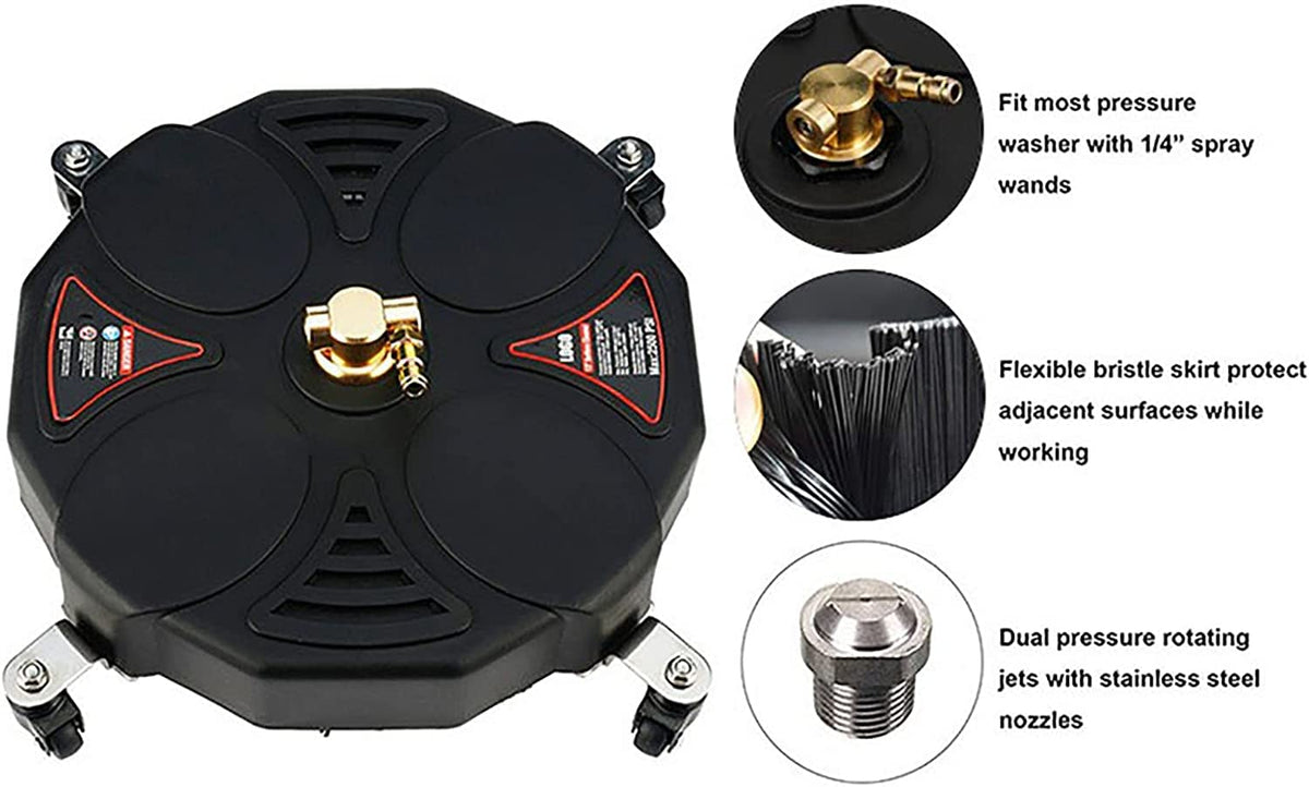 TRELVEX 13 Inch Pressure Washer Surface Cleaner Attachment with Wheels, with 2 Power Washer ExWands and 2 Replacement Nozzles, 3600 PSI