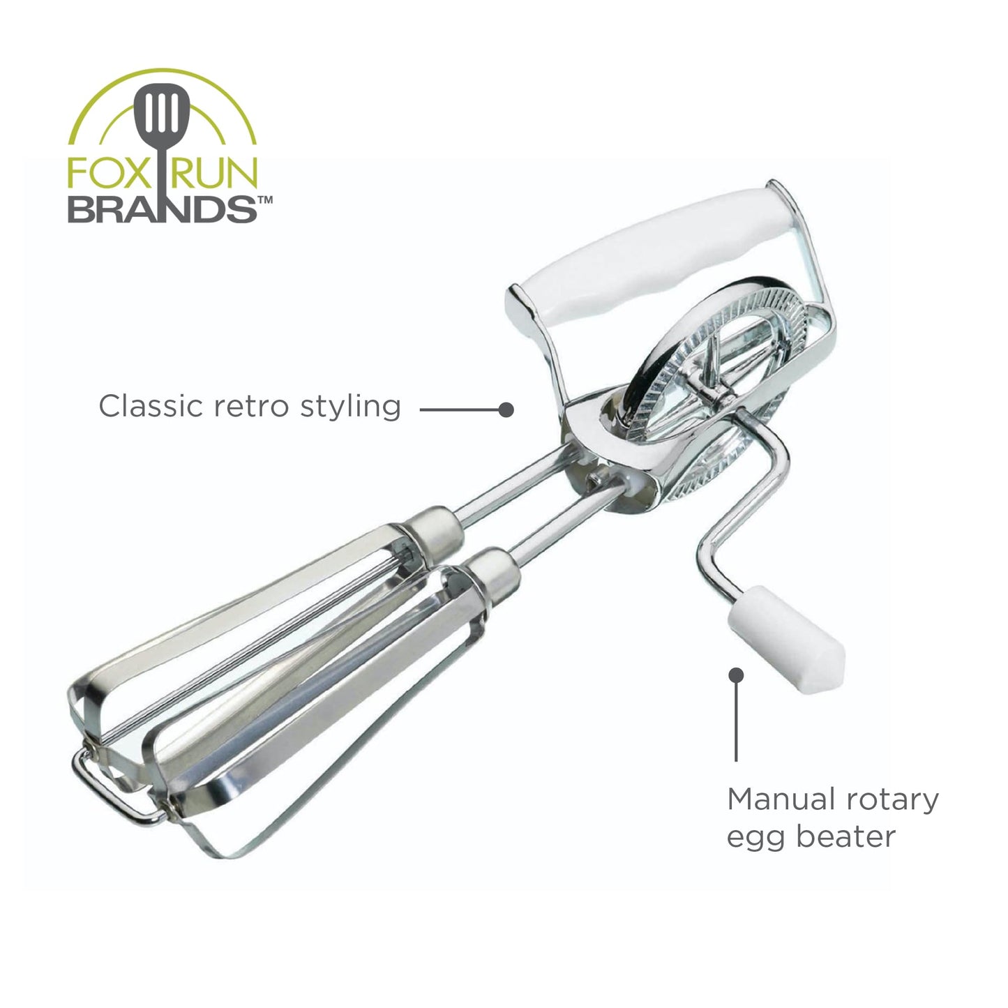 Fox Run Stainless Steel Manual Hand Mixer, White Retro Style Egg Beater, 10" x 5"