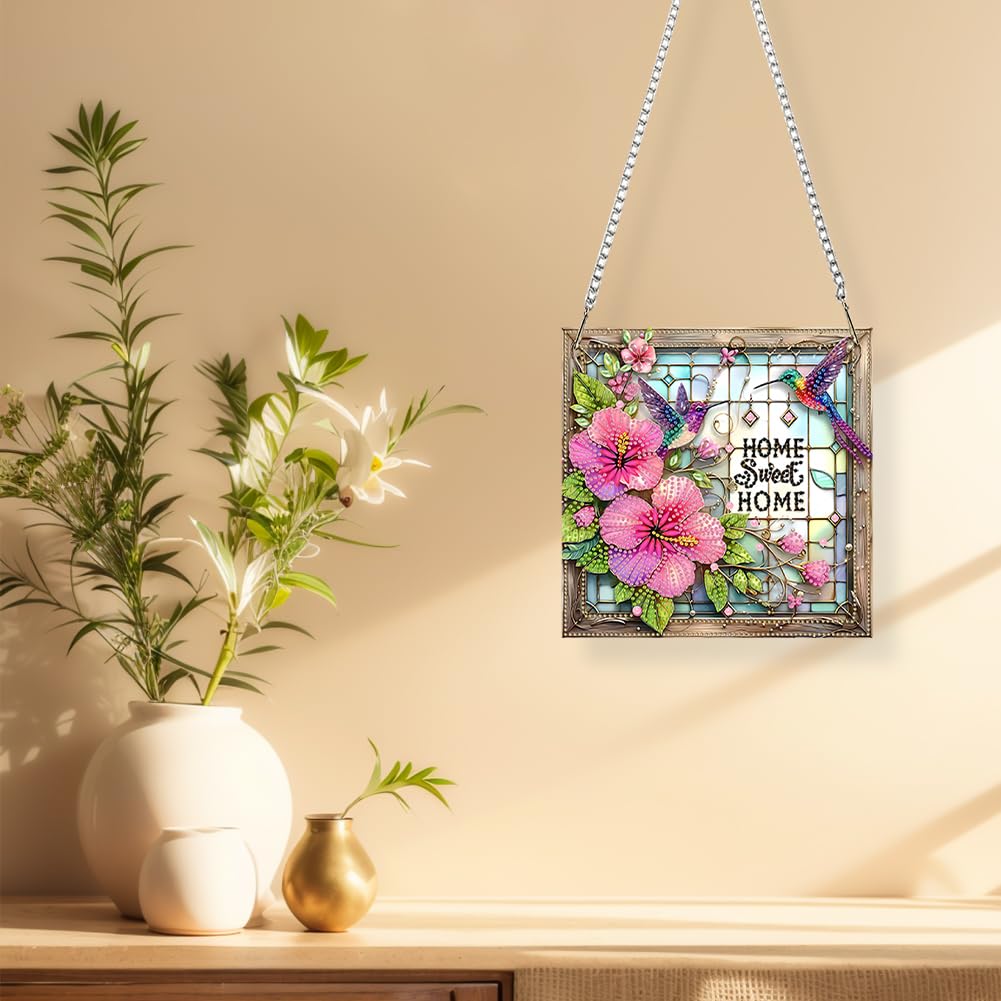 C'eitura Acrylic Special Shape Sweet Home Pink Flower 5D DIY Diamond Art Painting Hanging Pendant Rhinestone Crafts for Garden Window Decor