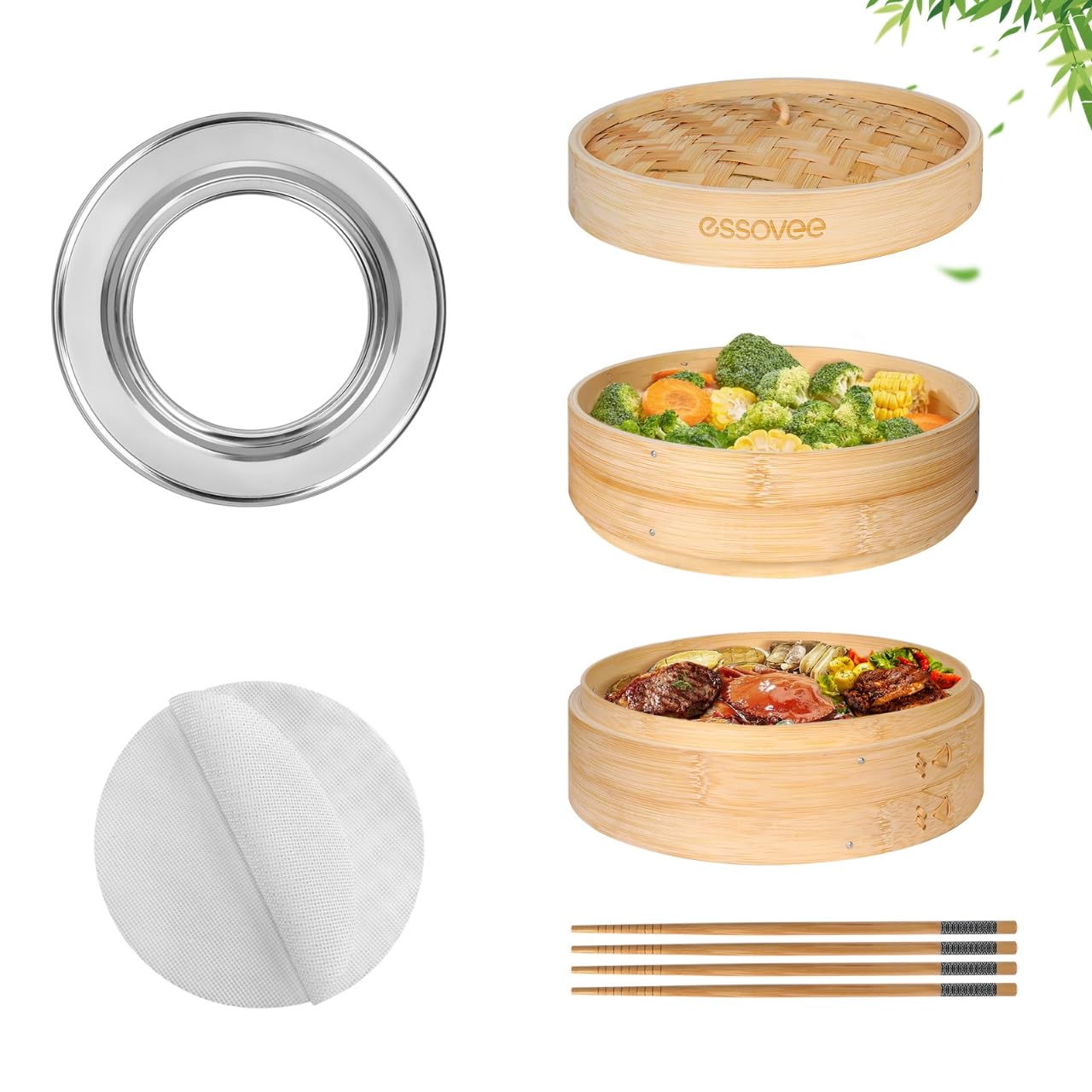 Bamboo Steamer 2 Tier 10-Inch Steaming Basket, Bun Vegetable Steam, Dumpling Steamer Bamboo Steam Basket, Chopsticks, Reusable Silicone Liner, Ring Adapter, for Chinese Asian Cuisine