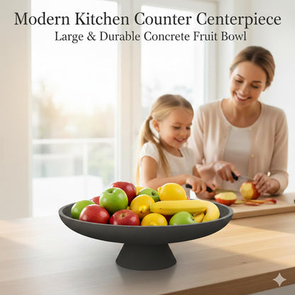 Wageso Modern Concrete Pedestal Fruit Bowl – Handmade 12" Centerpiece for Kitchen Counter, Coffee Table & Entryway – Non-Slip Cork Base, Heavy Duty Home Decor Tray for Keys, Storage – Black
