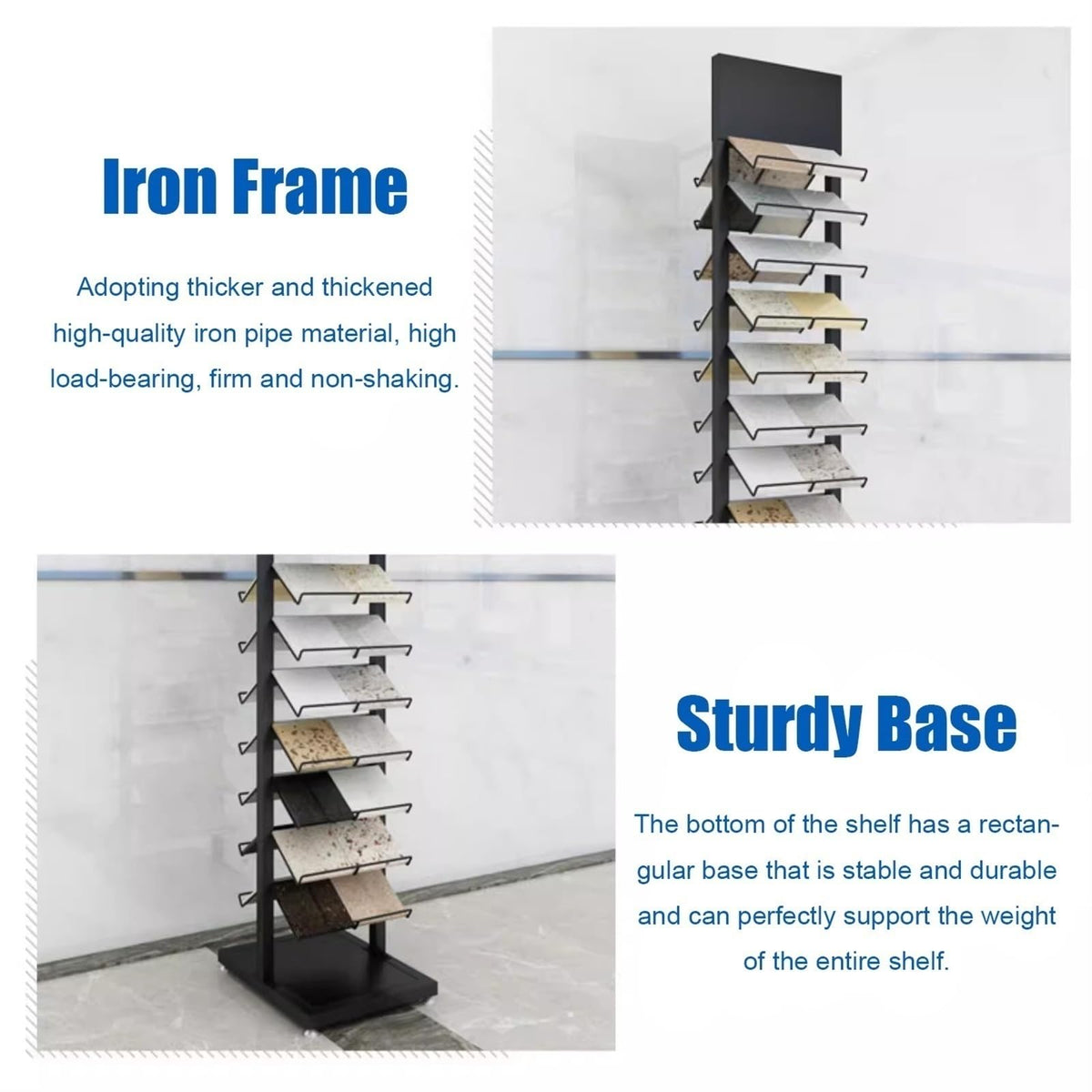 CVGfko Commercial Floor Tiles Sample Rack with Double,Side Shelf, Heavy Duty Retail Display Stand for Wooden Boards/Door Templates, Large Capacity & Space Saving,9.8x15.7x66.9in/25x40x170cm