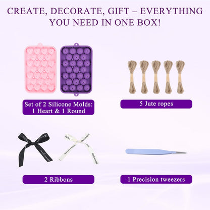 DIY Soap Making Kit Soap Molds,2 Pack Heart & Circle Molds with Hemp Rope, Black White Ribbon for Handmade Soap (Without soap Base) Perfect Mother's Day, Wedding, Newlywed DIY Gift