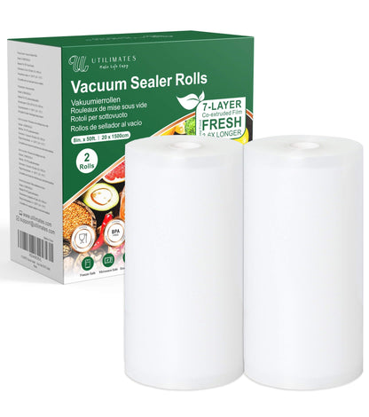 UTILIMATES Vacuum Sealer Bags for Food, BPA-free Heavy Duty Vacuum Sealer Bags Rolls 8 Inch 50 Feet 2-pack, Ideal for Custom Fit Food Saver, Seal a Meal, or Sous Vide