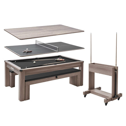 VEVOR 7ft Pool Table Combo Set, 3-in-1 Multi Game Billiards Tables with Dining Top and Ping Pong, 2 Benches for Storage and Accessories, Includes Ball Cue Rack Chalk Brush, for Family Recreation Room