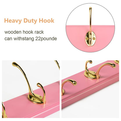 JYL HOME Wall Mount Bamboo Coat Rack, 17 Inch 5 Double Hooks, Pink and Gold
