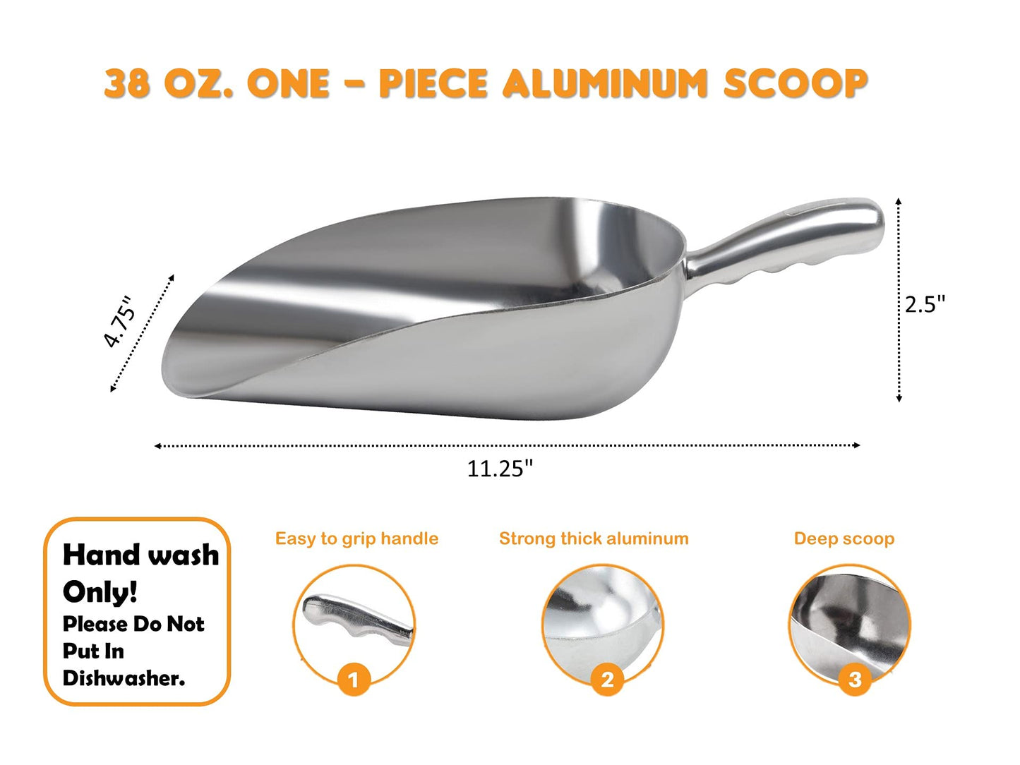 Cast Aluminum Utility Scoop - 38 oz. - Round Bottom, ice scoop For Multi-Purpose Use, With Finger Groove Handle (38 oz.)