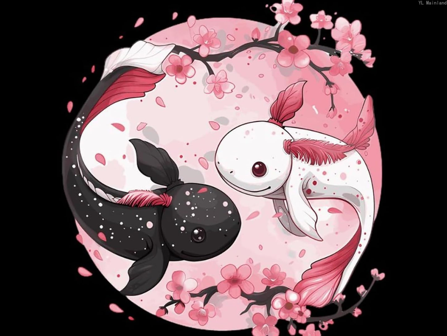 Cute Axolotl Yin and Yang Flowers Diamond Painting Kits for Adults 5D Diamond Art Kit DIY Round Full Drill Art Craft for Home Wall Decor 12x16 inch