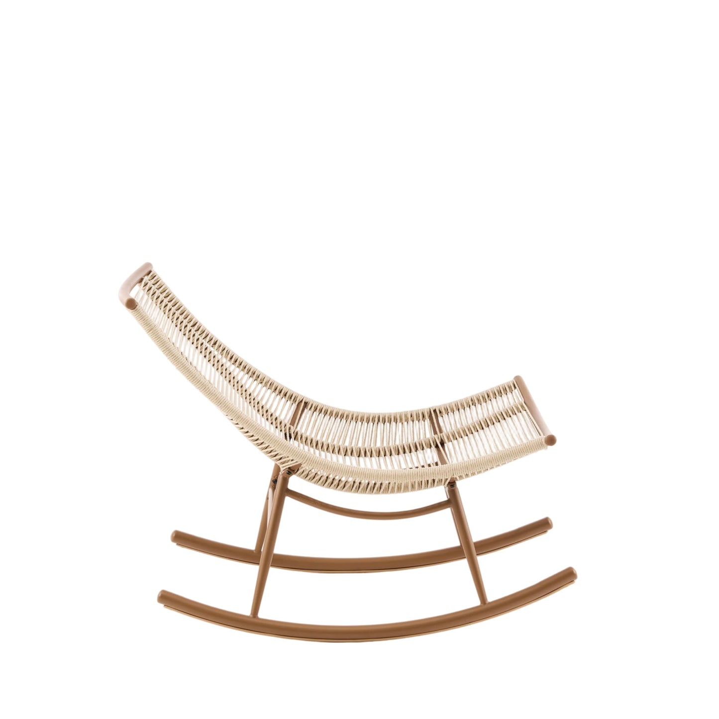 Christopher Knight Home Levi Arc Rocking Chair & Wooden Slat Side Table Set, PE Rattan+Iron Rocker Chair Set with Cushion, 2 Piece Patio Furniture Set with Cross-Stretcher End Table, Brown+Beige+Teak