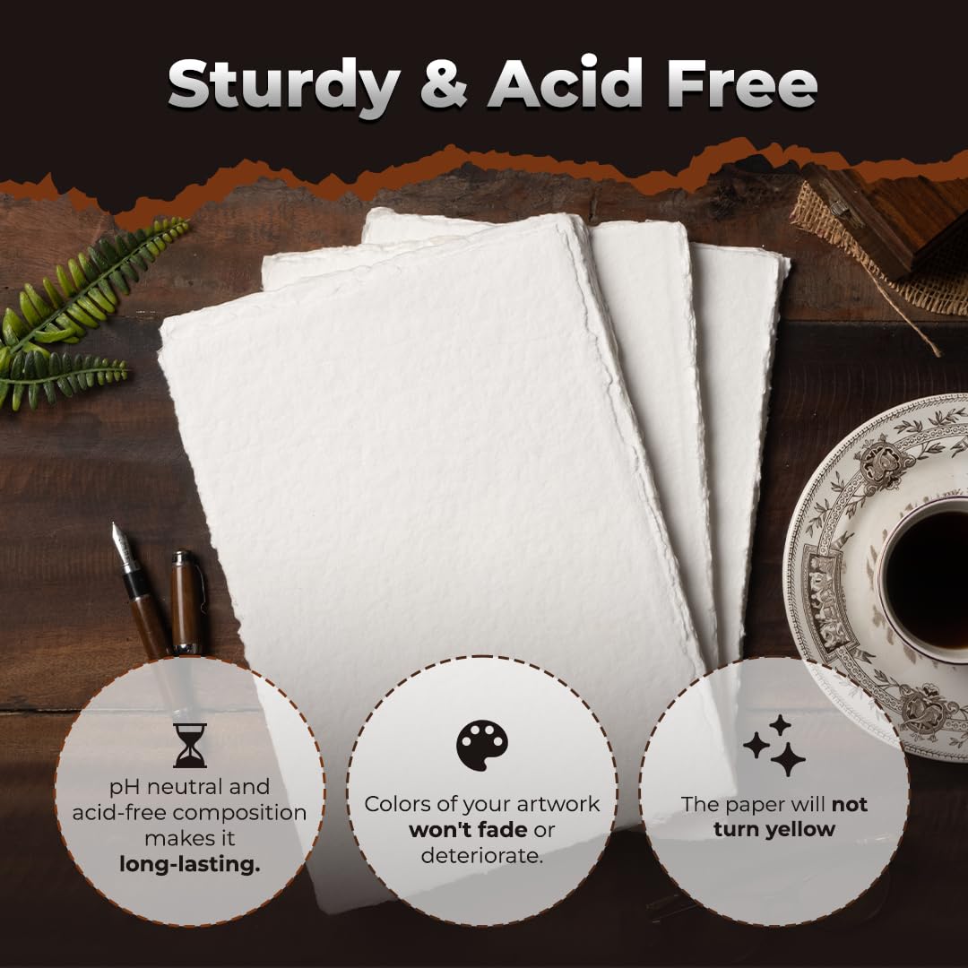 Egyptian Cotton Vintage Paper - 400 GSM, 40 Sheets, Deckled Edge, Textured for Drawing & Sketching