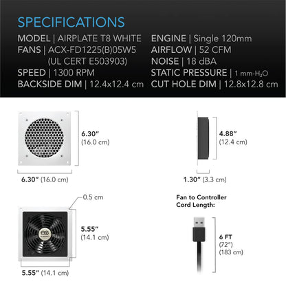 AC Infinity AIRPLATE T8 White, Quiet Cooling Dual-Fan System 6" with Thermostat Control, for Home Theater AV Cabinets