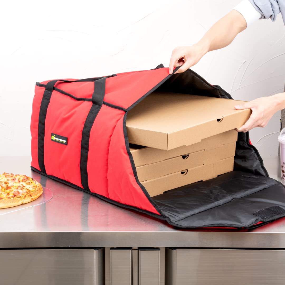 Restaurantware-Delivery Tek 17.5 x 20 x 7.5 Inch Insulated Pizza Bag, 1 Durable Delivery Bag - Holds (3) 18" or (4) 16" Pizza Boxes, Machine Washable, Red Polyester, Extra-Large Flap