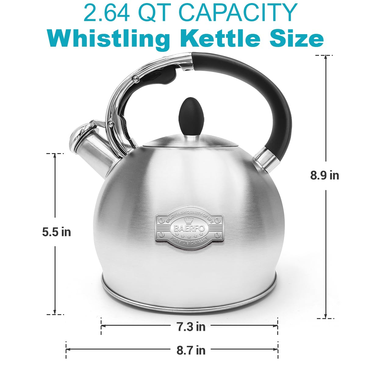 BAERFO Tea Kettle, 2.64 Qt Tea Pot Stovetop, Premium 304 Food-Grade Tea Kettle Stovetop, Resounding Sound, Vintage Aesthetics, with Pot Holder (Brushed)