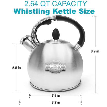 BAERFO Tea Kettle, 2.64 Qt Tea Pot Stovetop, Premium 304 Food-Grade Tea Kettle Stovetop, Resounding Sound, Vintage Aesthetics, with Pot Holder (Brushed)