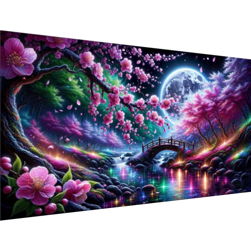 COHAYISY Flowers 5D Large Diamond Painting,Cherry Scenery with Moon Large Diamond Art Kits for Adults, DIY Round Full Drill Crystal Rhinestone Arts and Crafts Home Wall Decor 27.5 X 15.7inch