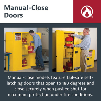 Justrite 45 Gallon Manual Close Flammable Storage Cabinet, 18 Gauge Steel, 2 Shelves, 2 Door Fire Cabinet, 65" x 43" x 18", Made in The USA, Yellow, 894500
