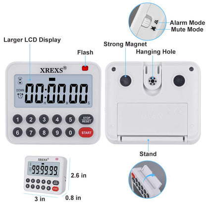 XREXS Digital Kitchen Timer Magnetic Countdown Up Cooking Loud Alarm and Mute Optional, Magnet and Stand, Large Display Classroom Timer for Teachers (2 Batteries Included) Upgraded Version