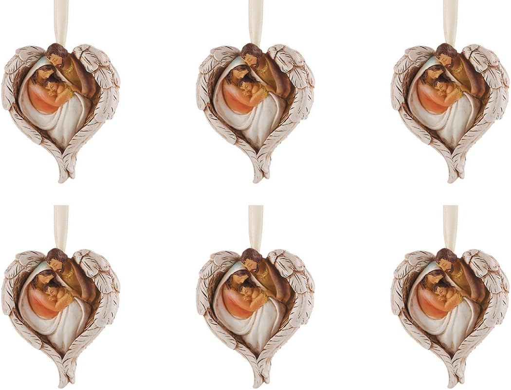 Holy Family with Angel Wings Resin Christmas Ornament, 3 Inch, Pack of 6
