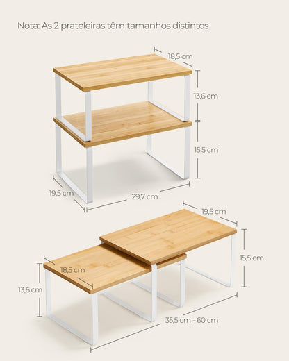 SONGMICS Cabinet Organizer Shelf, Set of 2 Kitchen Counter Shelves, Kitchen Storage, Spice Rack, Stackable, Expandable, Metal and Engineered Wood, Cloud White and Natural Beige UKCS02NW