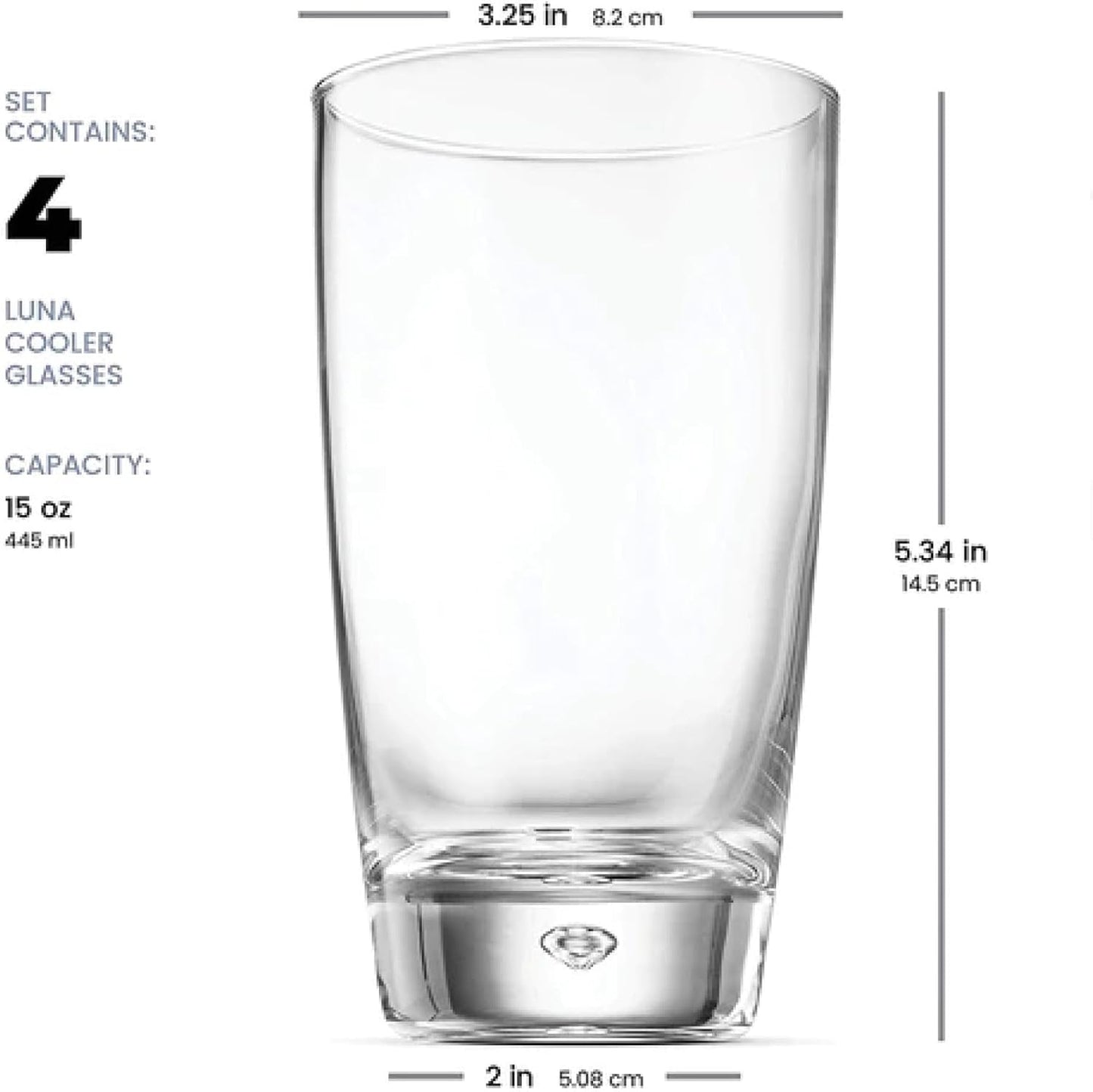 Bormioli Rocco Luna Set Of 4 Cooler Glasses, 15.25 Oz. Clear Crystal Glassware, Dishwasher Safe, Made In Italy