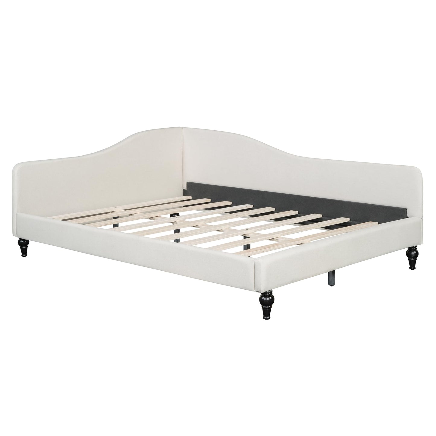 Merax Full Size Bed Frame Daybed, L-Shaped Linen Corner Sofa with Solid Wood Legs for Living Room & Guest Room, No Box Spring Needed, Beige