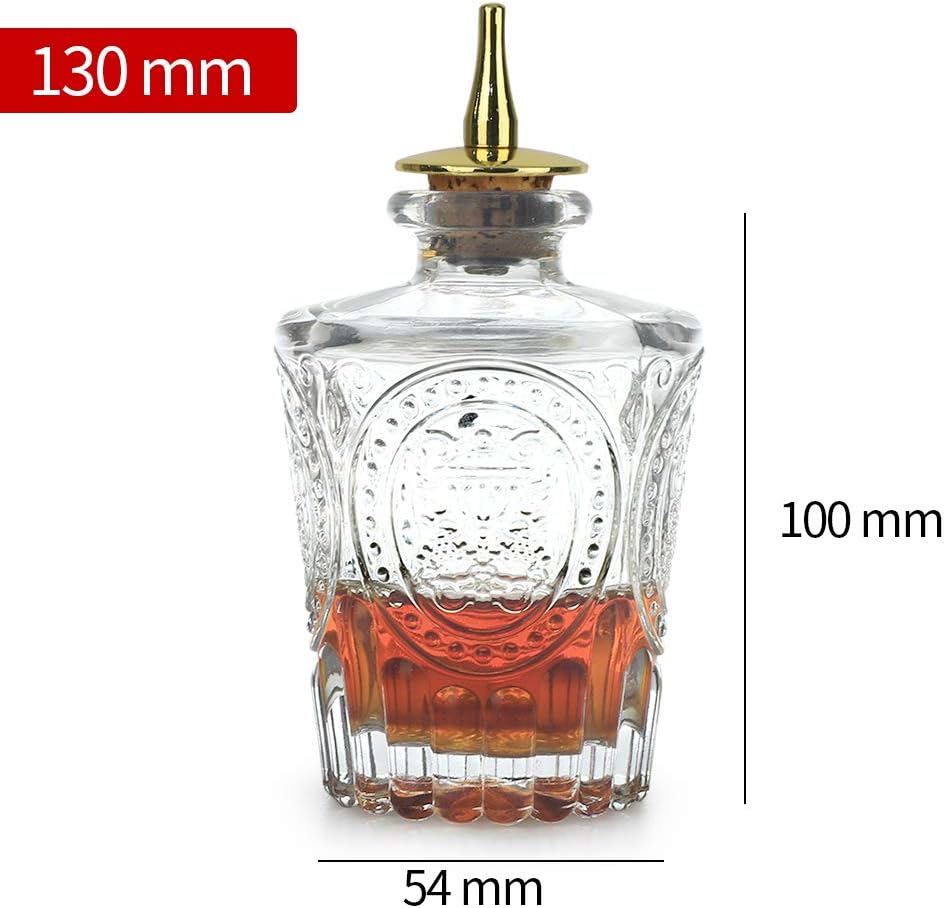 LINALL Donatello Bitters Bottle for Cocktail, 4oz / 130ml Glass Dash Bottle with Gold Plated Dasher Top