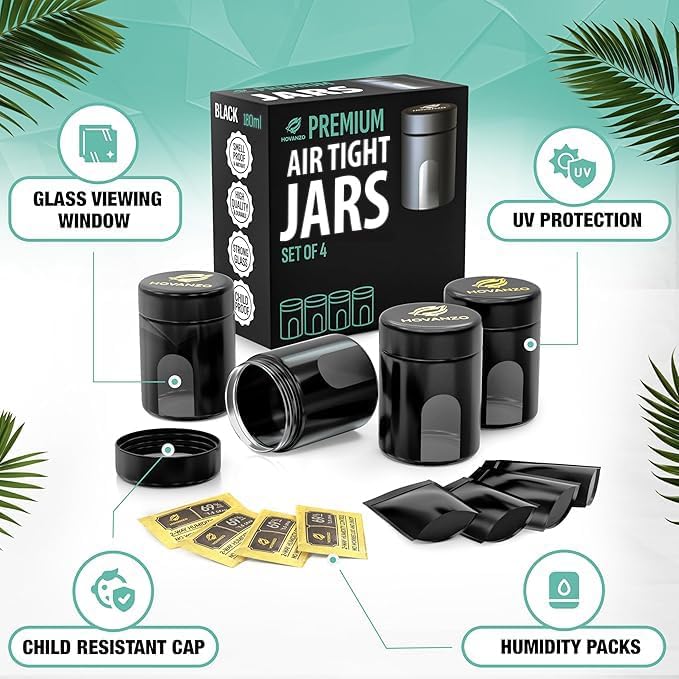 180/120ml 69% 4 Packs Premium Airtight Glass Storage Jars with Humidity Control - UV Air Tight Jars