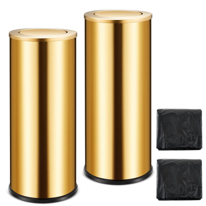 Reallnaive 2 Set 30L/8GAL Gold Lidded Trash Can with 200 Garbage Bags Metallic Gold Brass Kitchen Garbage Bin with Flip Lid Commercial Compact Waste Basket for Shopping Centers, Elevator Doors, Hotels
