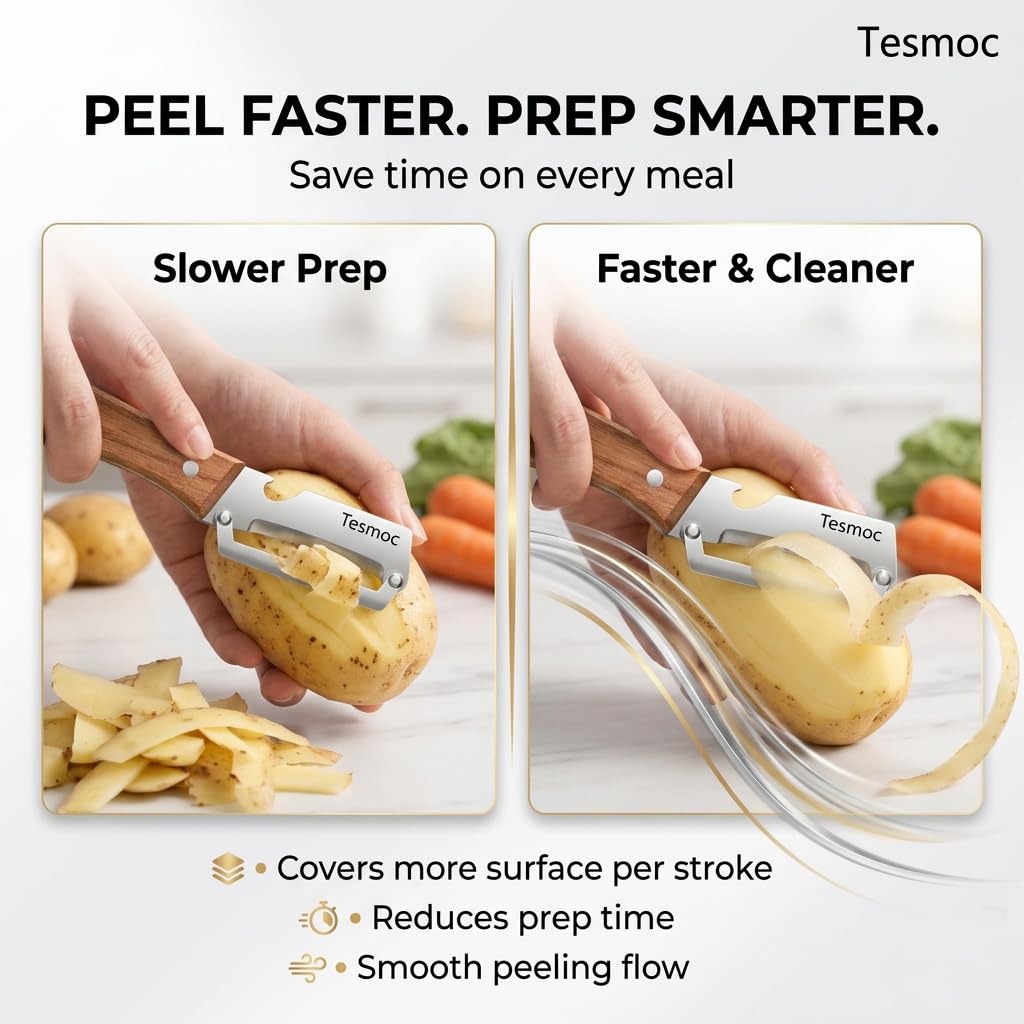 Multifunctional Fruit and Vegetable Peeler,Premium Stainless Steel Blade,Wooden Handle Hand Tool with Bottle Opener,Julienne Peeler for Potato,Cucumber,Orange,Pineapple,Veggie (2)