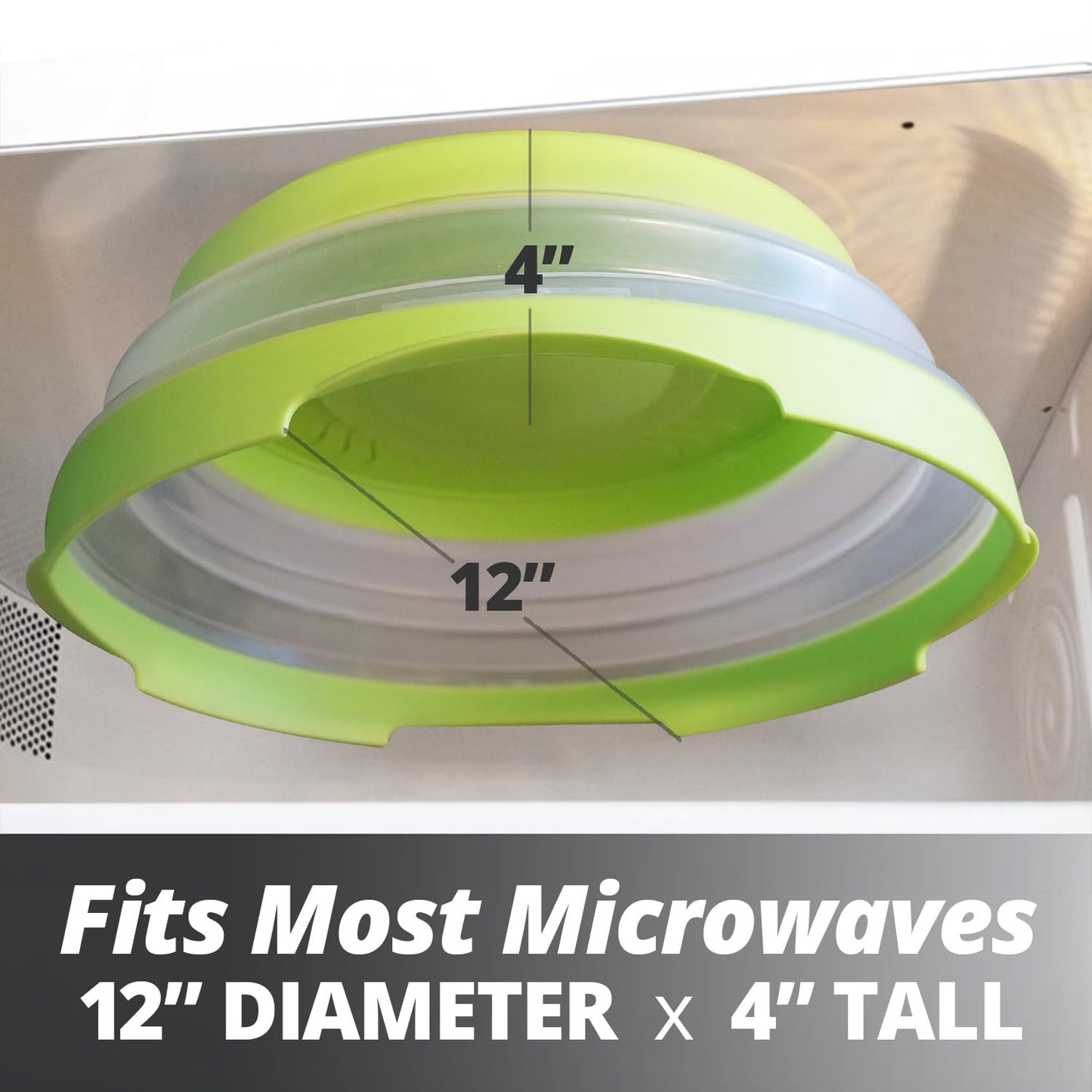 HOVER COVER Magnetic Microwave Splatter Cover with High Power, Strongest Magnetic Grip, Collapsible 12-Inch BPA-Free Food Lid, Vented Plate Guard, Dishwasher Safe, Space-Saving Storage - Green