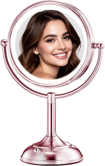Professional 8.5" Large Lighted Makeup Mirror with Brighter Lights, 1X/10X True HD Magnifying Mirror with 3 Color Dimmable Lights, 90 Shadowless LEDs, 360°Swivel Seamless Vanity Mirror, Pearl Nickel