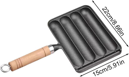 Cast Iron Sausage Grill Pan, Non Stick Baking Tray with Anti Scald Wooden Handle, Hot Dog Grill Pan-A