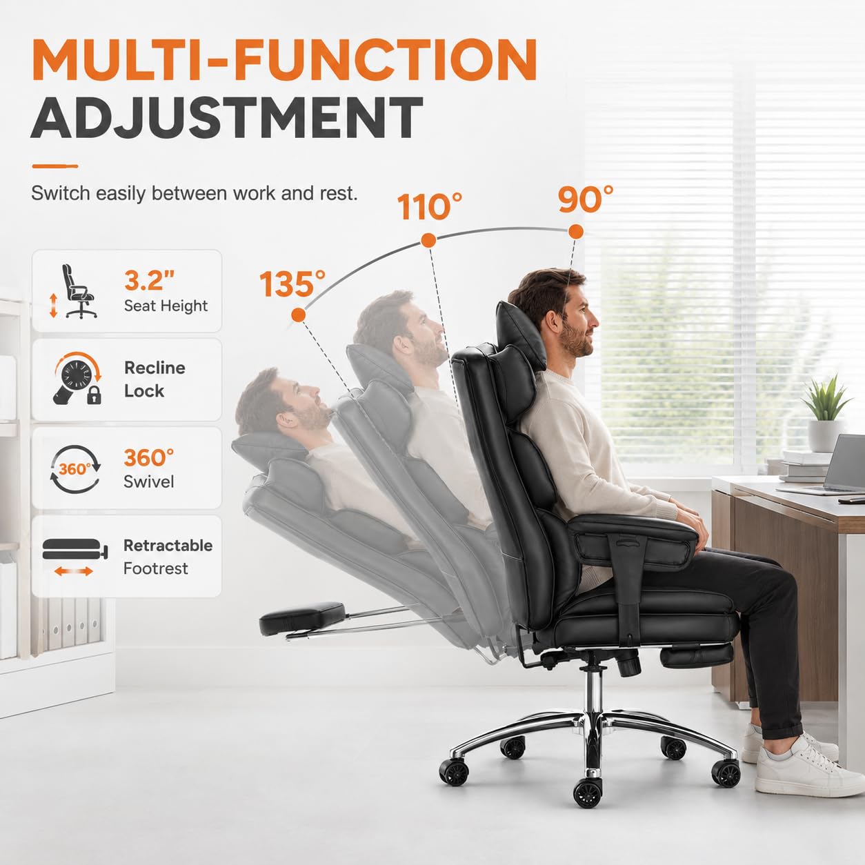 Big and Tall Ergonomic Office Chair with Footrest, Executive High Back PU Leather Desk Chair, Reclining Computer Chair with Adjustable Lumbar Support and Armrests, Swivel Rolling Gaming Chair, Black