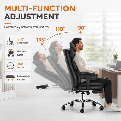 Big and Tall Ergonomic Office Chair with Footrest, Executive High Back PU Leather Desk Chair, Reclining Computer Chair with Adjustable Lumbar Support and Armrests, Swivel Rolling Gaming Chair, Black