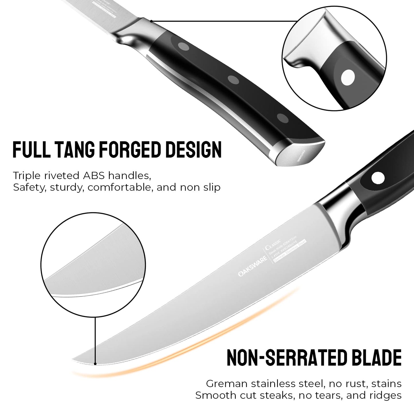 OAKSWARE Steak Knives, Non Serrated Steak Knife Set of 4, German Steel Steak Knife Set 5 Inch, 4 Pieces Professional Straight Edge Knives - Full Tang Ergonomic Handle