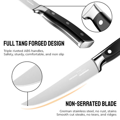 OAKSWARE Steak Knives, Non Serrated Steak Knife Set of 4, German Steel Steak Knife Set 5 Inch, 4 Pieces Professional Straight Edge Knives - Full Tang Ergonomic Handle