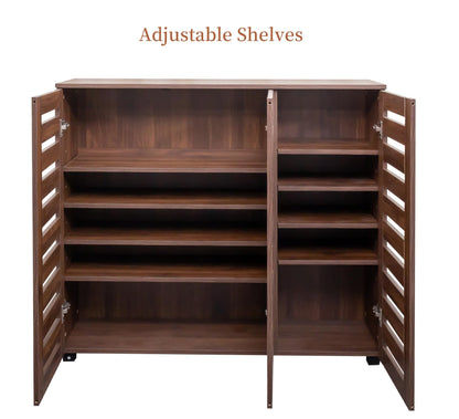 KEIKI 44.88'' Wooden Shoe Cabinet Storage for Entryway with 3 Louvered Door, Freestanding Sideboard Buffet Table Organizer for Hallway, Living Room, Adjustable 4-Tier Shelves, Walnut