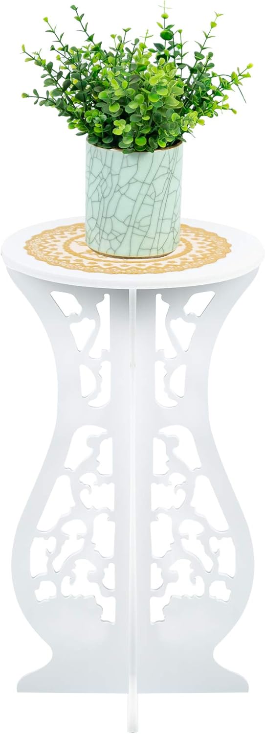 Asian Home (20.5" 10" Beautiful White PVC Board Flower Plant and Vase Stand Display with Intricate Carvings and Gold