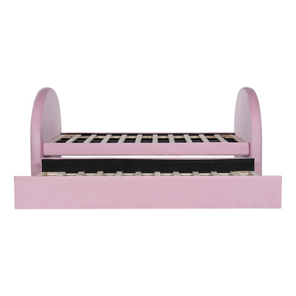 Christopher Knight Home Leonhart Velvet Upholstered Twin Size Bed Frames with Headboard/Footboard, Day Bed Frame Twin with Pull-Out Functionality, Iron Frame + Wooden Slat Trundle Bed Twin, Pink