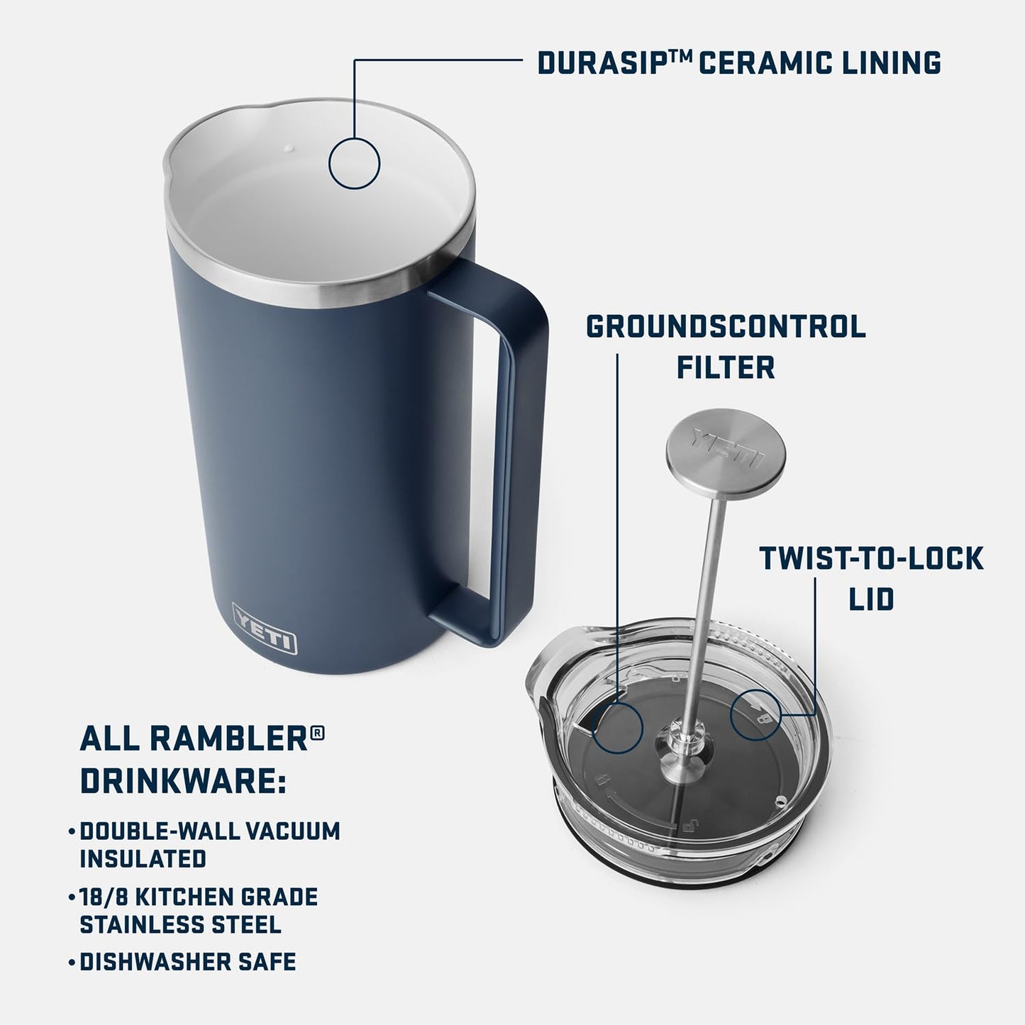 YETI Rambler 34 oz. French Press Coffee Maker, with GroundsControl Filter, Navy
